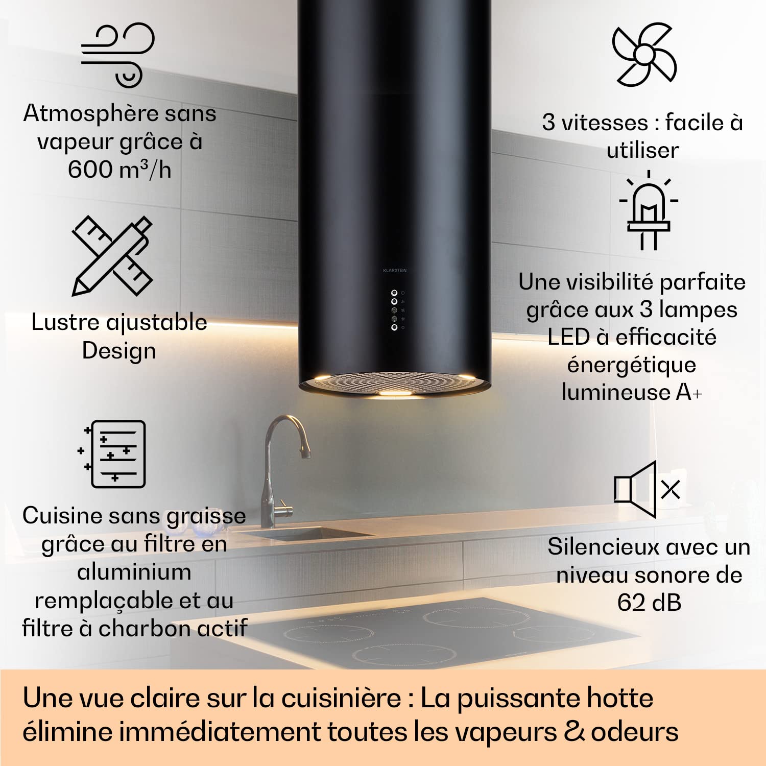 Klartstein Hotte Ilot Central Cuisine, Débit d'Air de 600 m³/h, Hotte pour Ilot 3 modes, Hotte Aspirante Suspendue, Filtres à Charbon Actif, Minuterie, Hotte de Cuisine Réglable avec Conduit Design