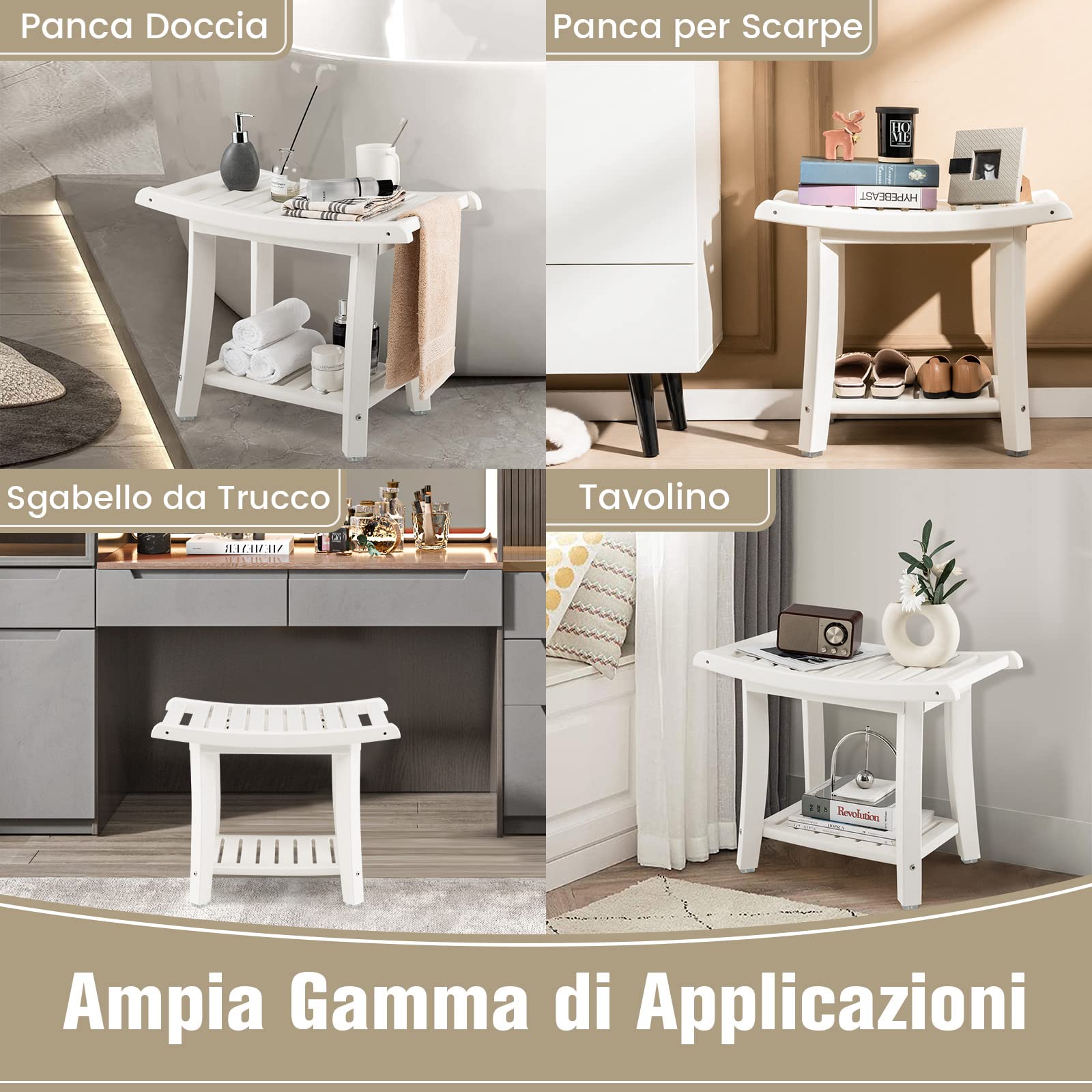 COSTWAY Sgabello da Doccia, Sgabello da Bagno Impermeabile con Sedile Curvo, con Portasciugamani e Piedini Antiscivoli, Panca Versatile con Ripiano, 60,5 x 34 x 48 cm (Bianco)