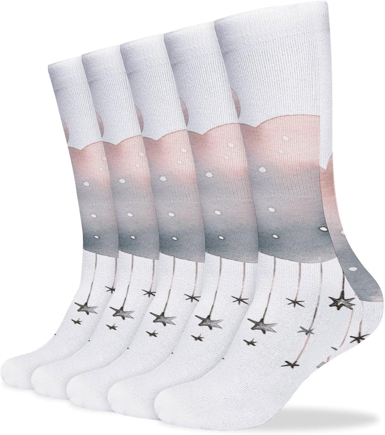 5-Pack Knee High Socks, 15.7 Inch Breathable Casual Socks Stars And Clouds Stockings for Men Women