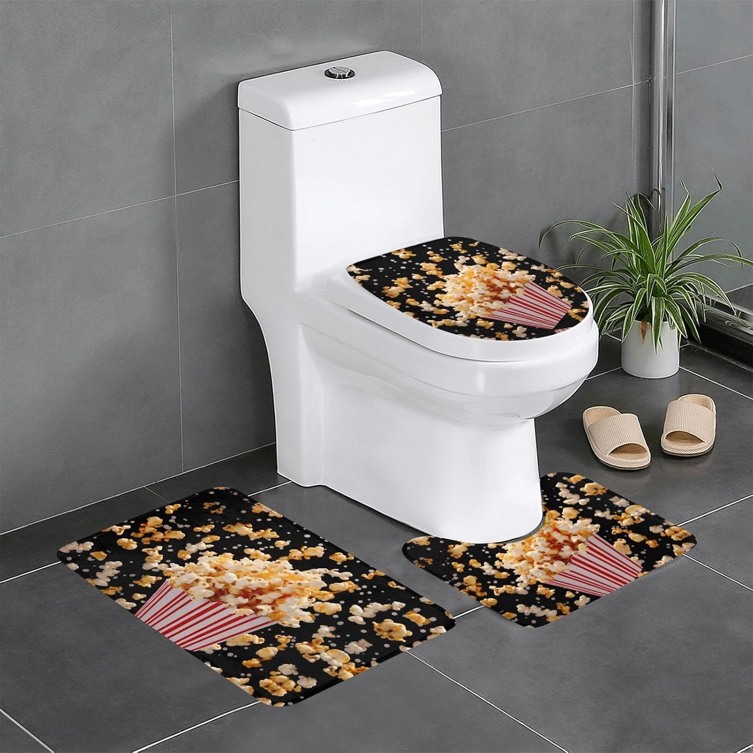 JCAKES Popcorn Print Print 3 Piece Bathroom Rugs Set Non-Slip Washable Cover Floor Rug Decorations for Kitchen Bathroom Bedroom