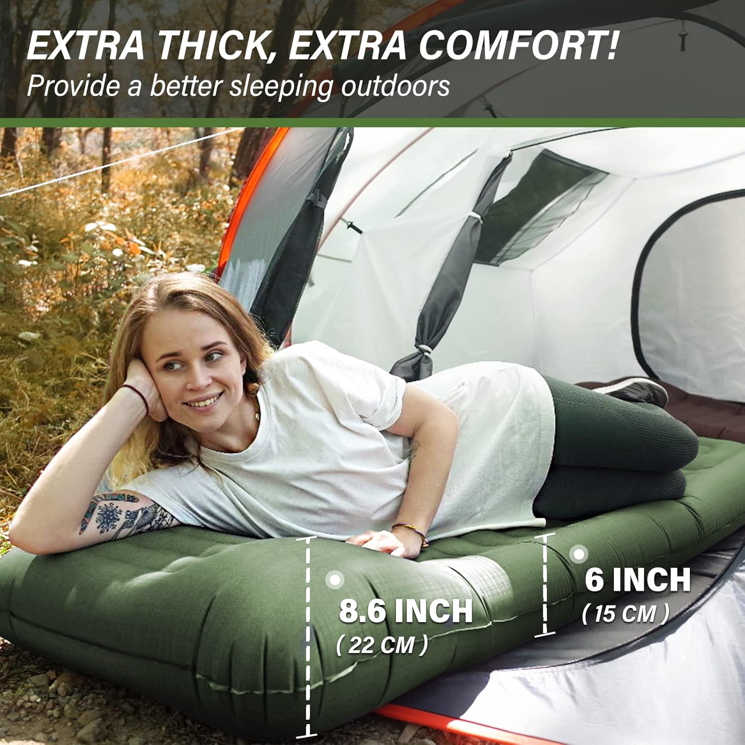 TOBTOS Inflatable Camping Sleeping Pad with Pillow, Thick 6 Inch Ultralight Sleeping Pad with Built-in Pump, Lightweight Sleeping Mat for Camping, Backpacking, Hiking, Tent (Green)