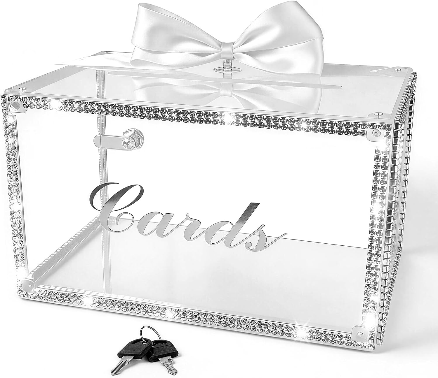 Clear Acrylic Wedding Card Box With Faux Diamonds,Lockable Card Box For Party/Graduation/Reception,Greeting Card Organizer Box,Wedding Gift Box For Cards And Money With Lock(11.8" x 8" x 7")