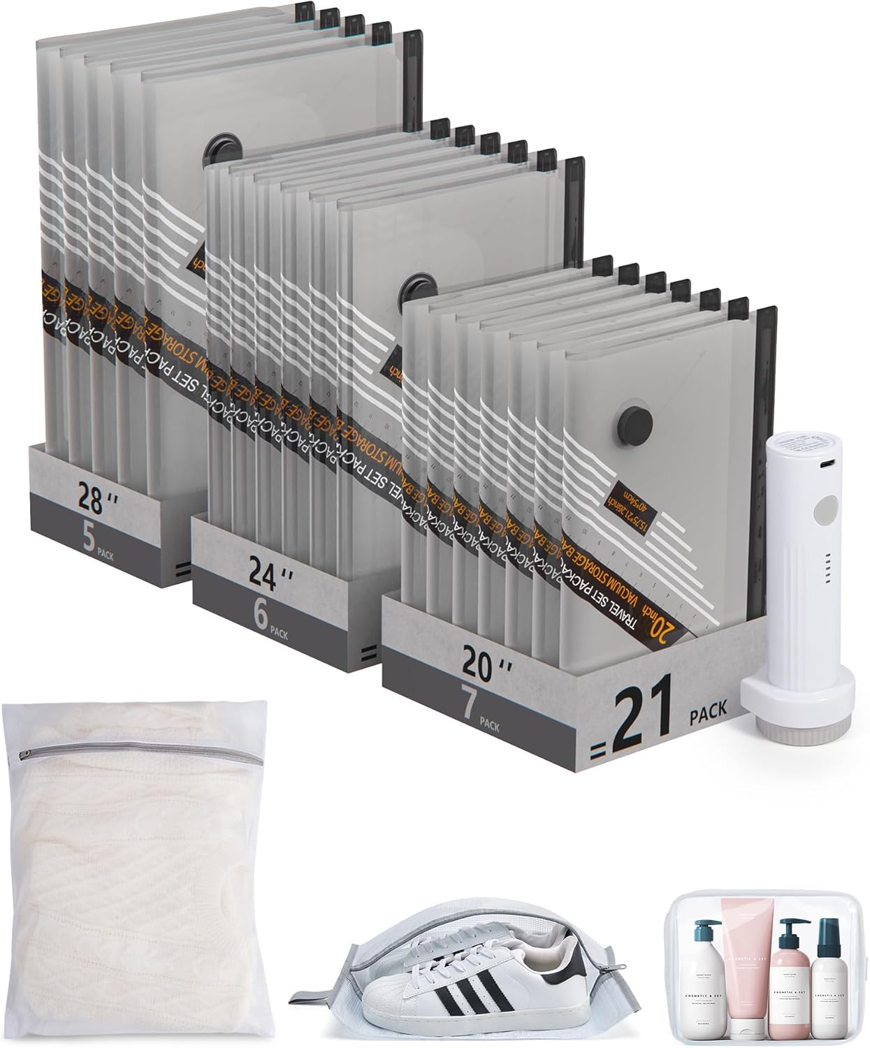 BAGSMART Rechargeable Wireless Pump Travel Storage Bags Set, Portable Space Saver Bags for Travel & Home, Vacuum Compression Seal Bag for Clothing- 21 combo bags