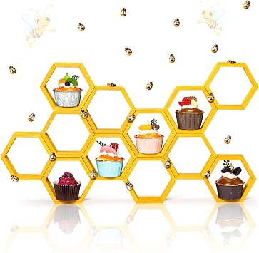 FairySandy 12 Pcs Mini Honeycomb Cupcake Stand Cake Farmhouse Hexagon Display Holder Hexagonal Wood Cupcake Stand Floating Table Sign with 50 Tiny Wooden Bee for Baby Shower Gold
