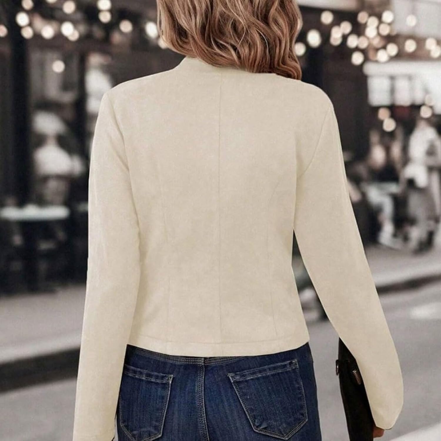 Women's Faux Suede Cropped Jackets Fall Casual Business Long Sleeve Open Front Blazer Jacket Coat - Image 4