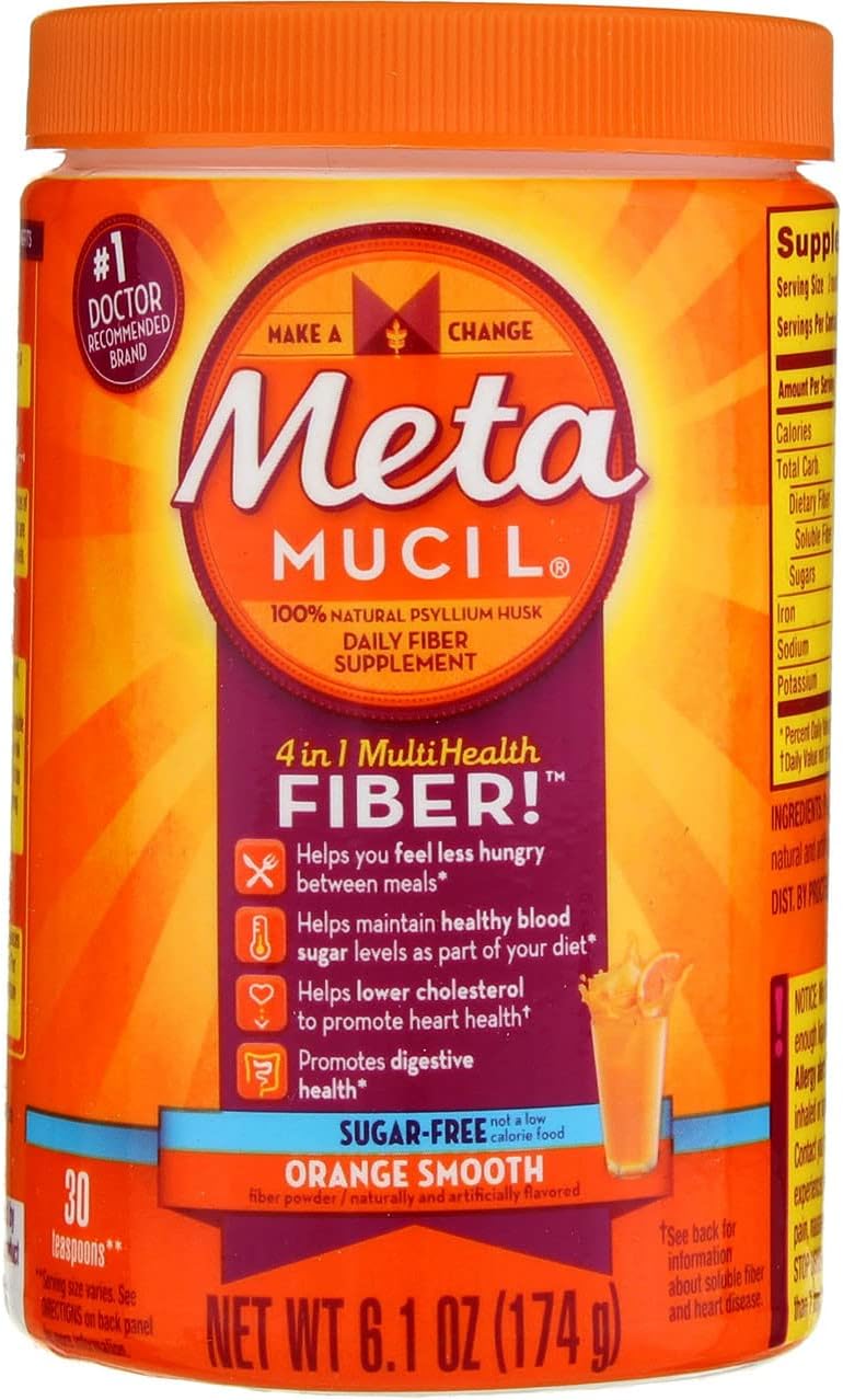 Metamucil Sugar Free Multihealth Fiber with Natural Psyllium Husk Supplement, Orange - 3 Pack of 30 Doses