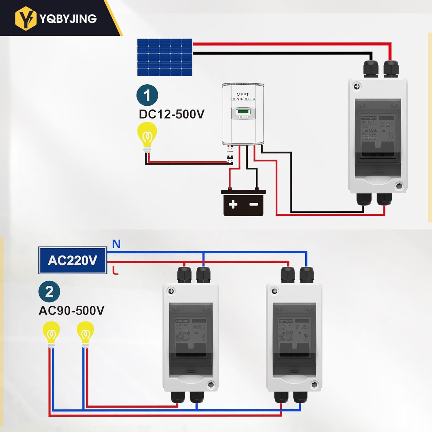 Solar Panel Disconnect Switch 25 Amp 4 Holes DC AC Miniature Circuit Breaker 500V 2 Poles with PV Connector and IP65 Waterproof UV-Proof Box for Outdoor Solar PV Homes Battery