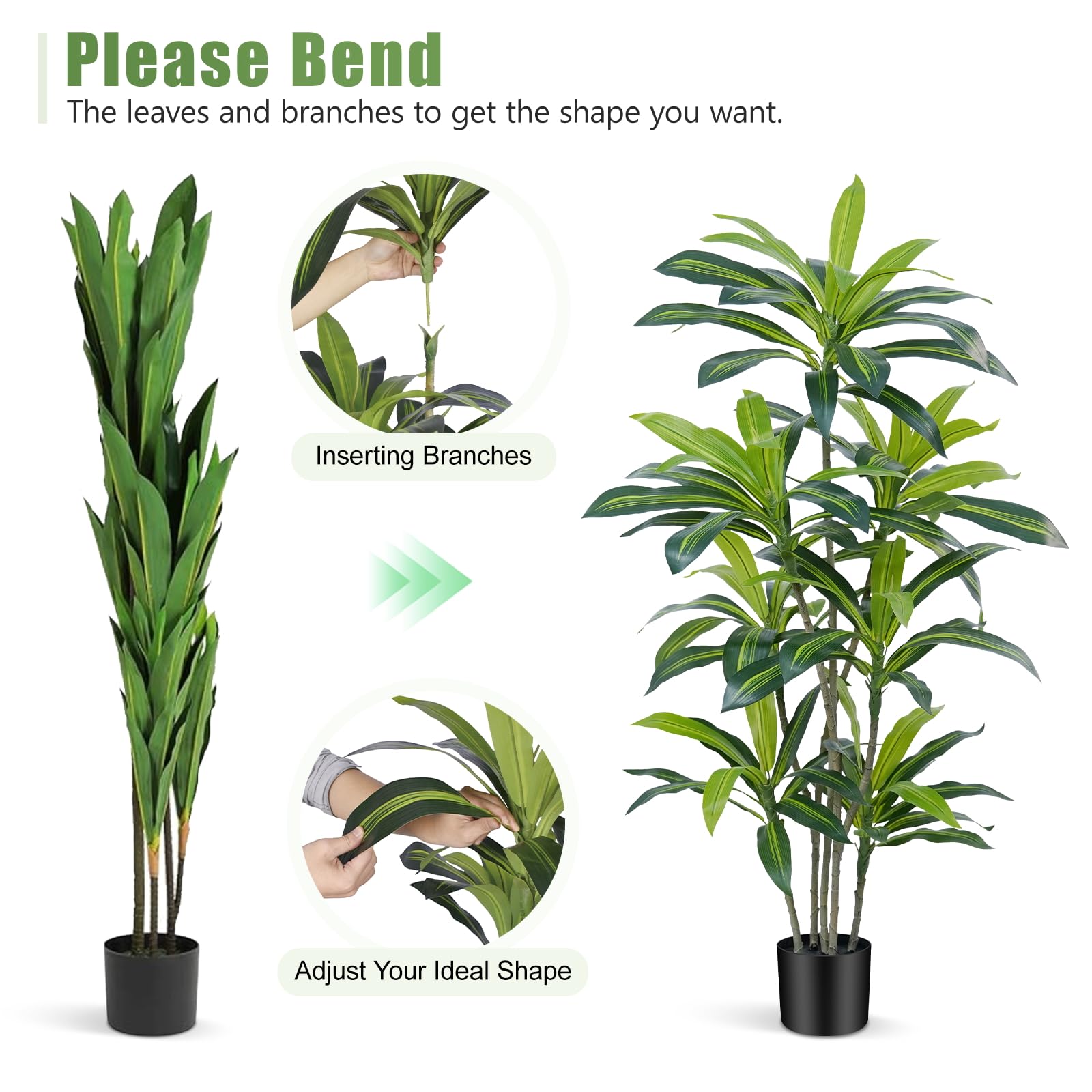 Albero artificiale 180cm Artificiale Dracaena Pianta Finta Alta con Vaso Nero Piante Finte da Interno Per Interni esterno Soggiorno Camera da Letto Ufficio Casa Corridoio Decorazione (1Pz)
