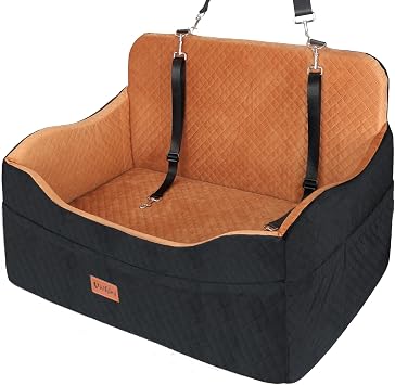 Vivifying Dog Car Seat, Memory Foam Large Back Seat Dog Bed for Medium&Large or Two Small Up to 25KG, Detachable and Washable, 10CM Height Elevated with Storage Pockets Black&Brown