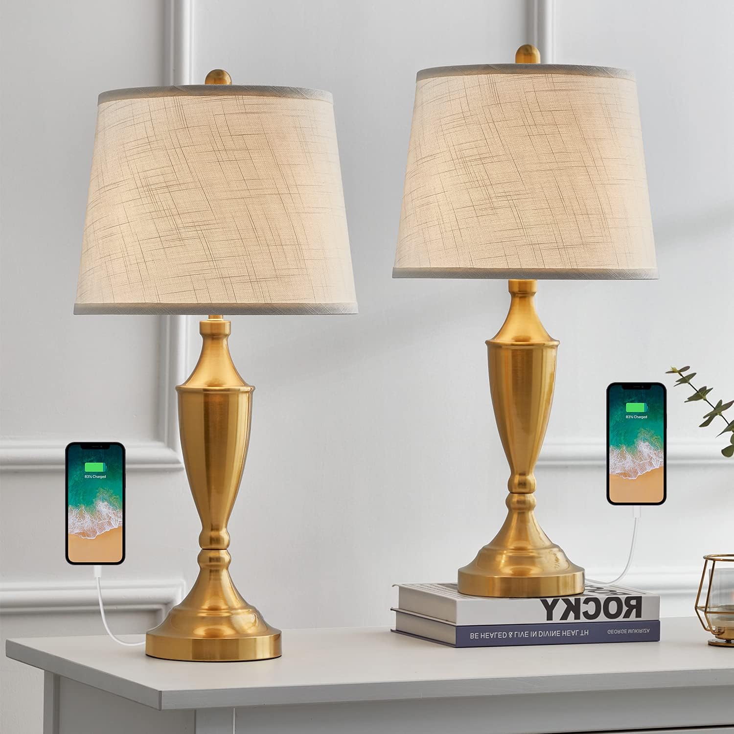 BOBOMOMO 25.25'' Modern USB Table Lamp Set of 2 for Living Room Bedroom Bedside Lamps with Charging Port Fabric Drum Shade (Gold)