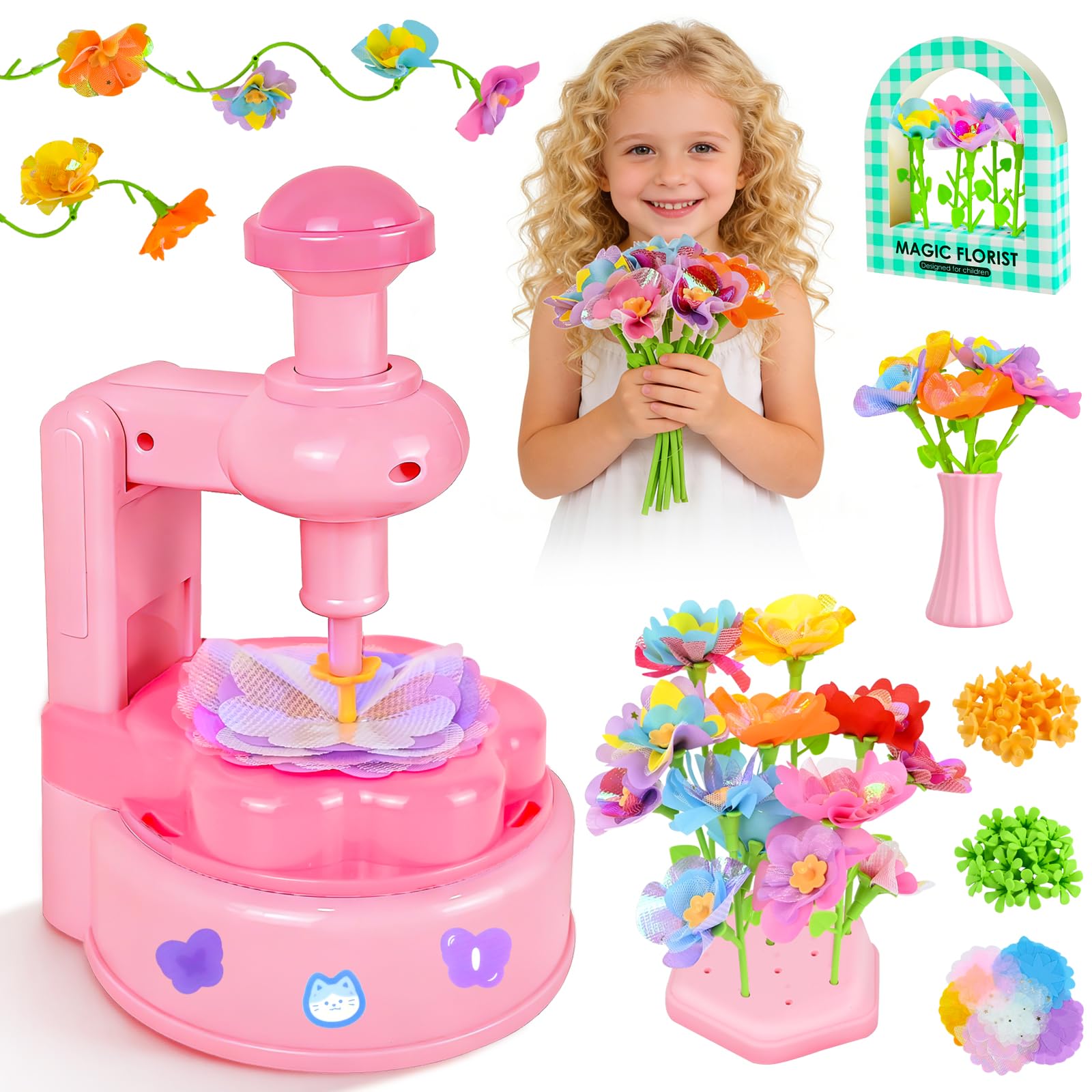 Joellfuner Fabrique de Fleurs Enfant, Kit de Bouquet de fleurs DIY pour Enfants, Création Bouquet de Fleurs avec Machine à Fleurs, Jouet Fleurs Activité Manuelle Enfant Fille 3 4 5 6 7 Ans, Rose