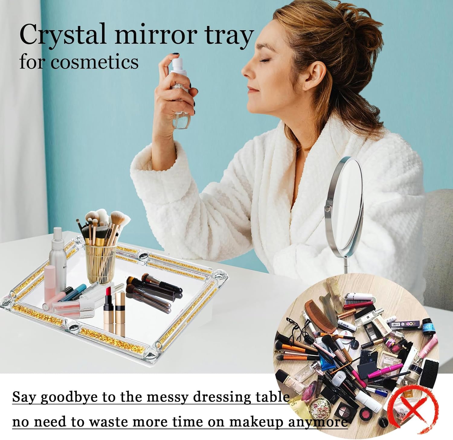Gold Glass Tray, 11.8" x 7.9" Decorative Crystal Glass Cosmetic Perfume Display Tray for Gorgeous Dresser Countertop,Noble Jewelry Organizer with Diamond for Home Decor,Banquet Party