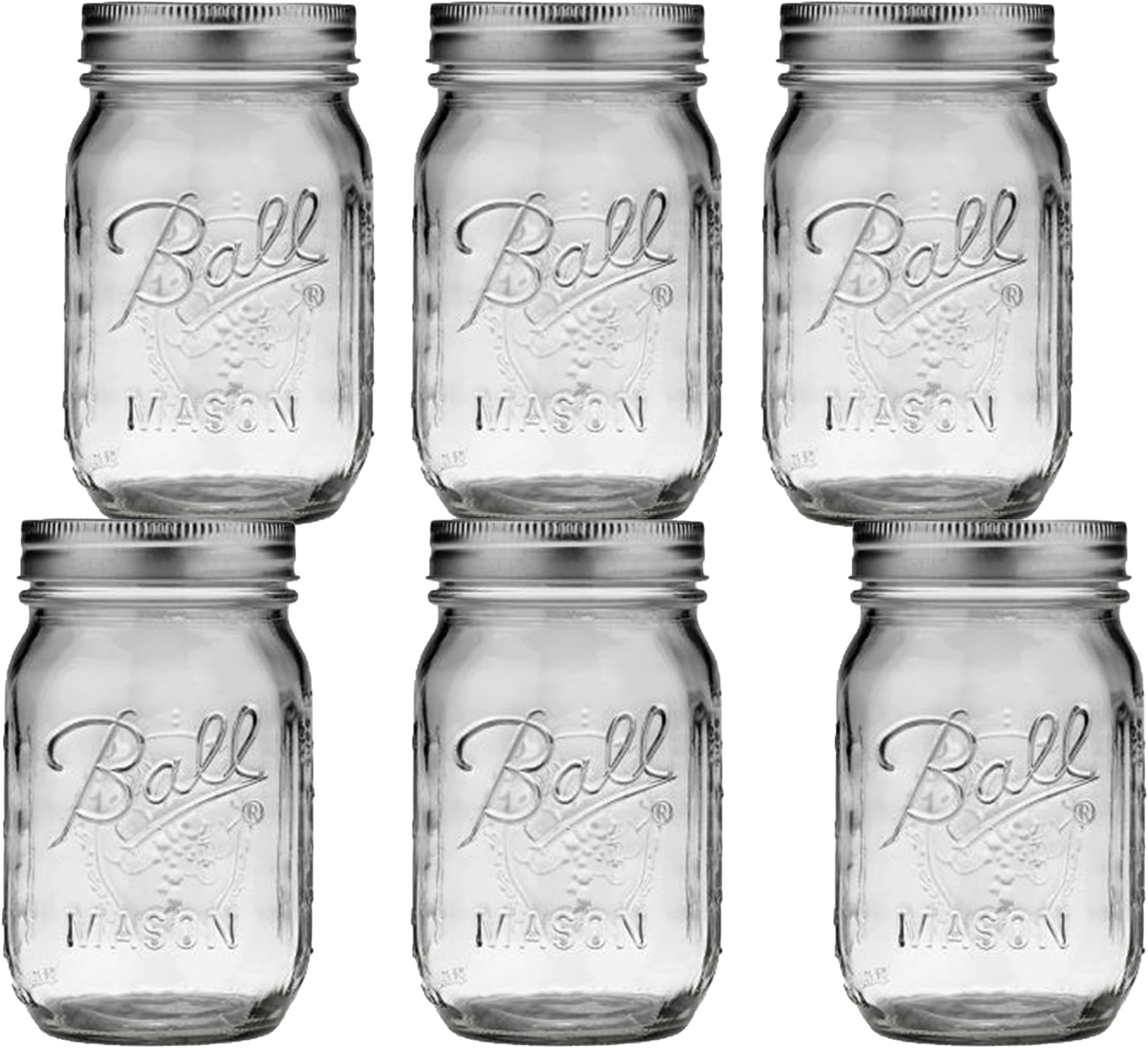 Regular Mouth Mason Jars 16 oz - (6 Pack) - Ball Regular Mouth Pint 16-Ounces Mason Jars With Airtight lids and Bands - For Canning, Fermenting, Pickling, Freezing, Storage + M.E.M Rubber Jar Opener