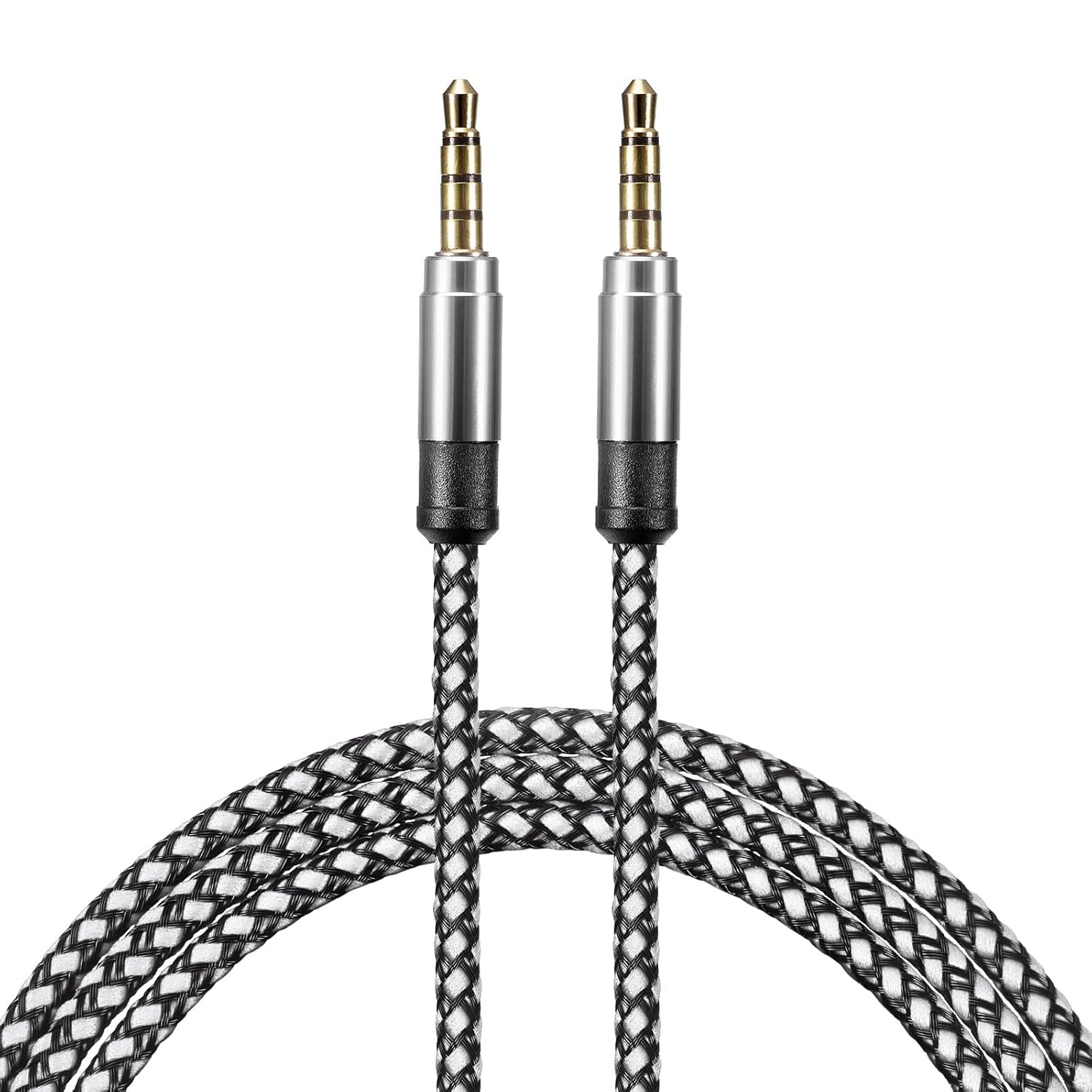MECCANIXITY Aux Cable 3.5mm Male to Male Nylon Braided 5Ft 4 Pole Hi-Fi Stereo Sound Auxiliary Cord White for Earphones, Smart Phones, Home/Car Stereos, Speakers, Computers