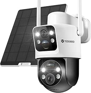 Outdoor WiFi Surveillance Camera with Dual Lens, Solar Outdoor Camera with Solar Panel 6W, Outdoor WiFi PTZ Camera 360° with Mobile App, Night Vision Color, Two-Way Audio, IP66 asin的图片