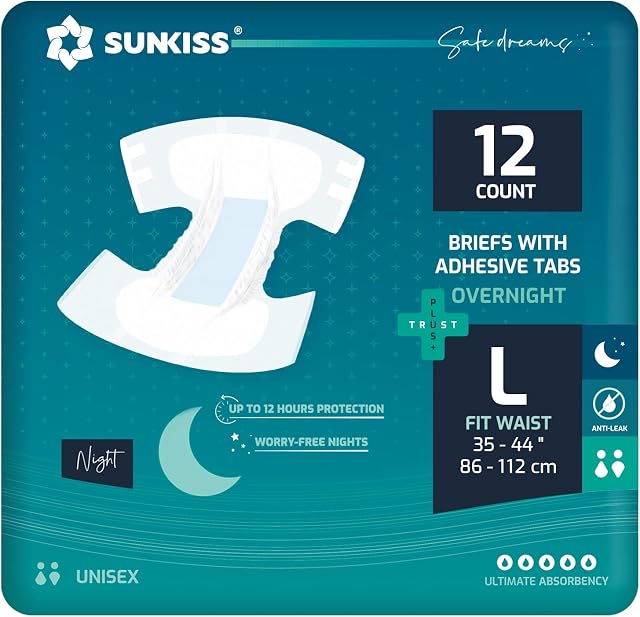 SUNKISS TrustPlus Overnight Adult Diapers with Ultimate Absorbency, Unisex Disposable Incontinence Briefs with Tabs for Men and Women, Odor Control, Leak Protection, Large, 12 Count