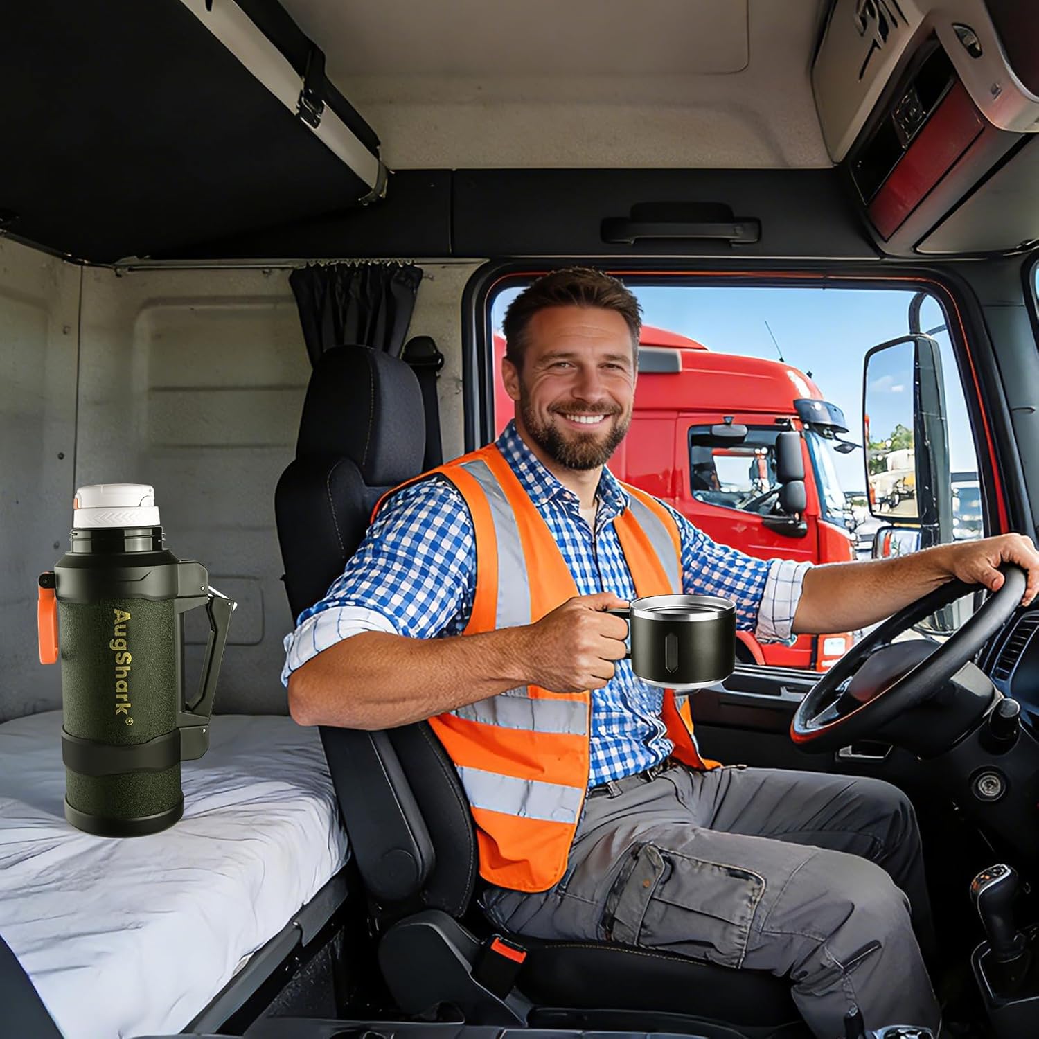 67oz Large Coffee Vacuum for Travel Stainless Steel Insulated Water Bottle With Cup and Foldable Handle Leakproof Water Flasks Keep Cold 48h Hot 48h for Camping Gathering Fishing (Matte Green) - Image 6