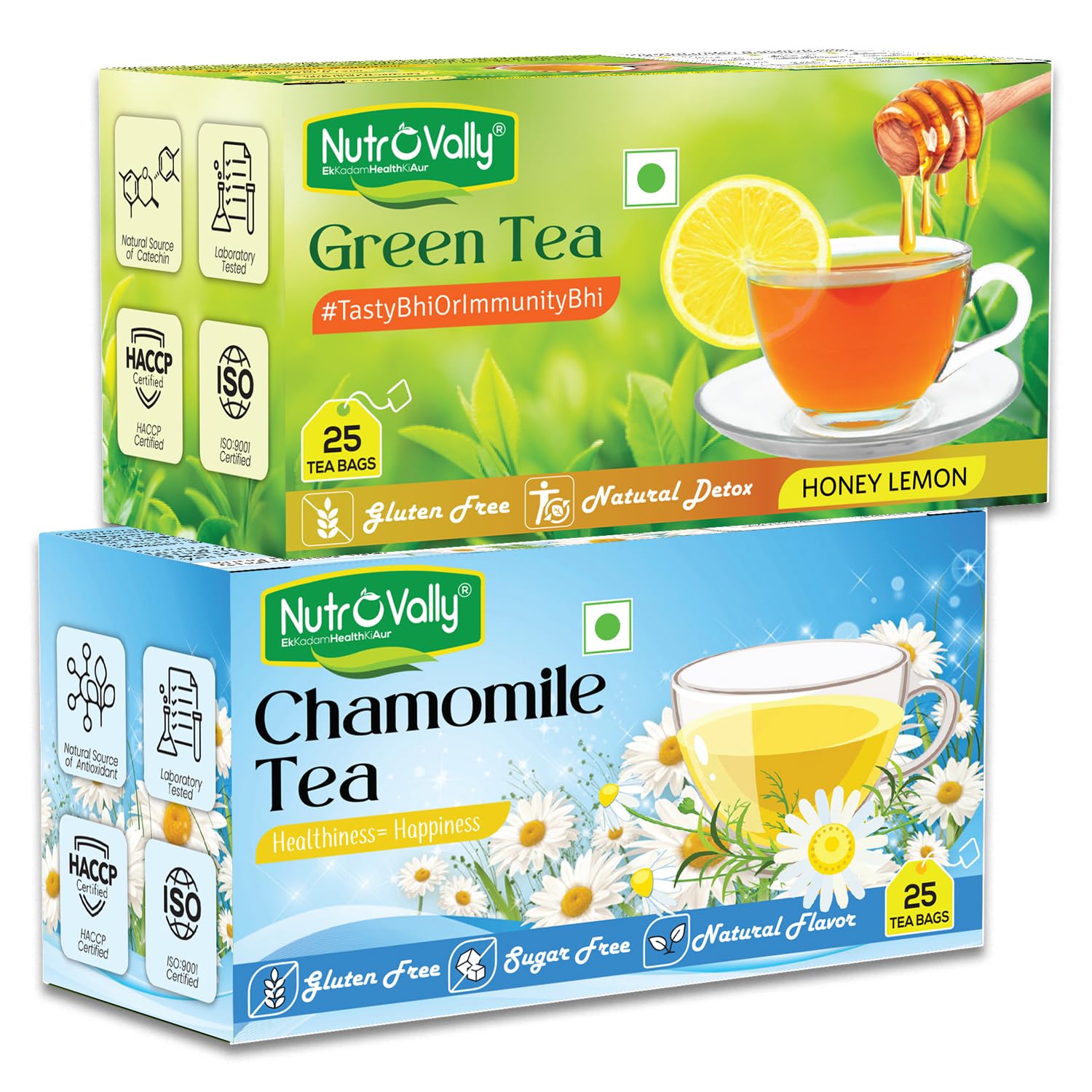 NutroVally Pure Chamomile & Lemon Honey Green Tea Pack of 2 for weight loss and stress relief Lemon-Honey, Chamomile Green Tea Bags Box (2 x 25 Bags)