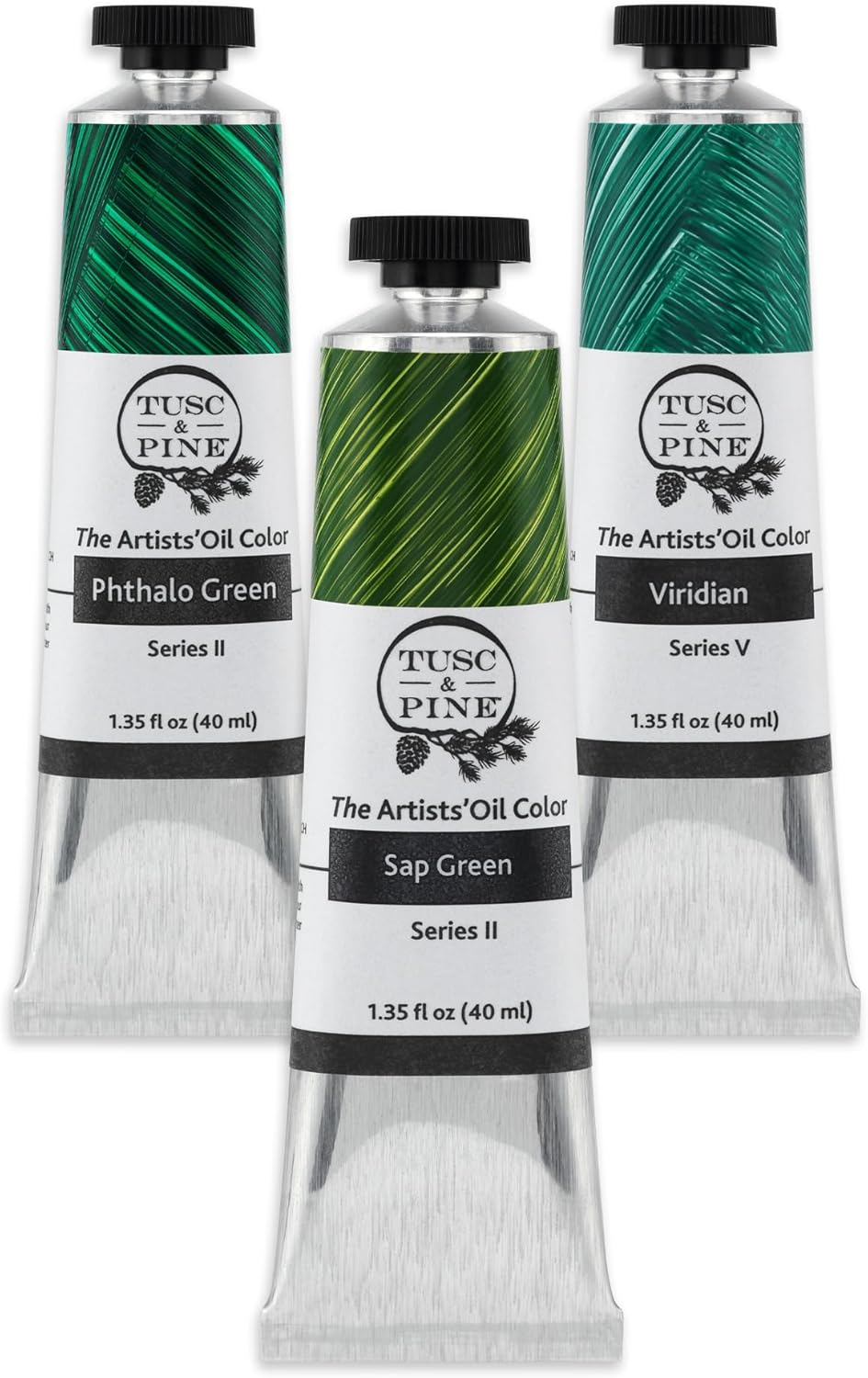Tusc & Pine Artist Oil Paint - 40 ml Set of 3- Assorted Green Colors - Non-Yellowing, Rich & Creamy Consistency, Maximum Pigment Load, Small Batch Milled Oil Paints Developed for Professional Artists