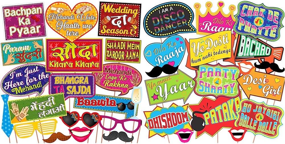WOBBOX Mehndi Decoration Sangeet/Mehndi Night Party Props, Bollywood New Dialogue Multi Colour, Mehndi Decoration Items (19 Pcs) & Wobbox TM Desi Indian Style Desi Wedding Photo Booth Party Props