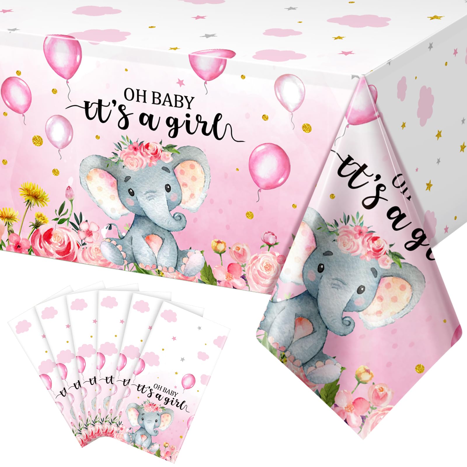 6 Pack Elephant Baby Shower Decorations - Plastic Tablecloth Table Cover Backdrop for Boy Girl Gender Party Supplies, 54 x 108 Inch, Pink