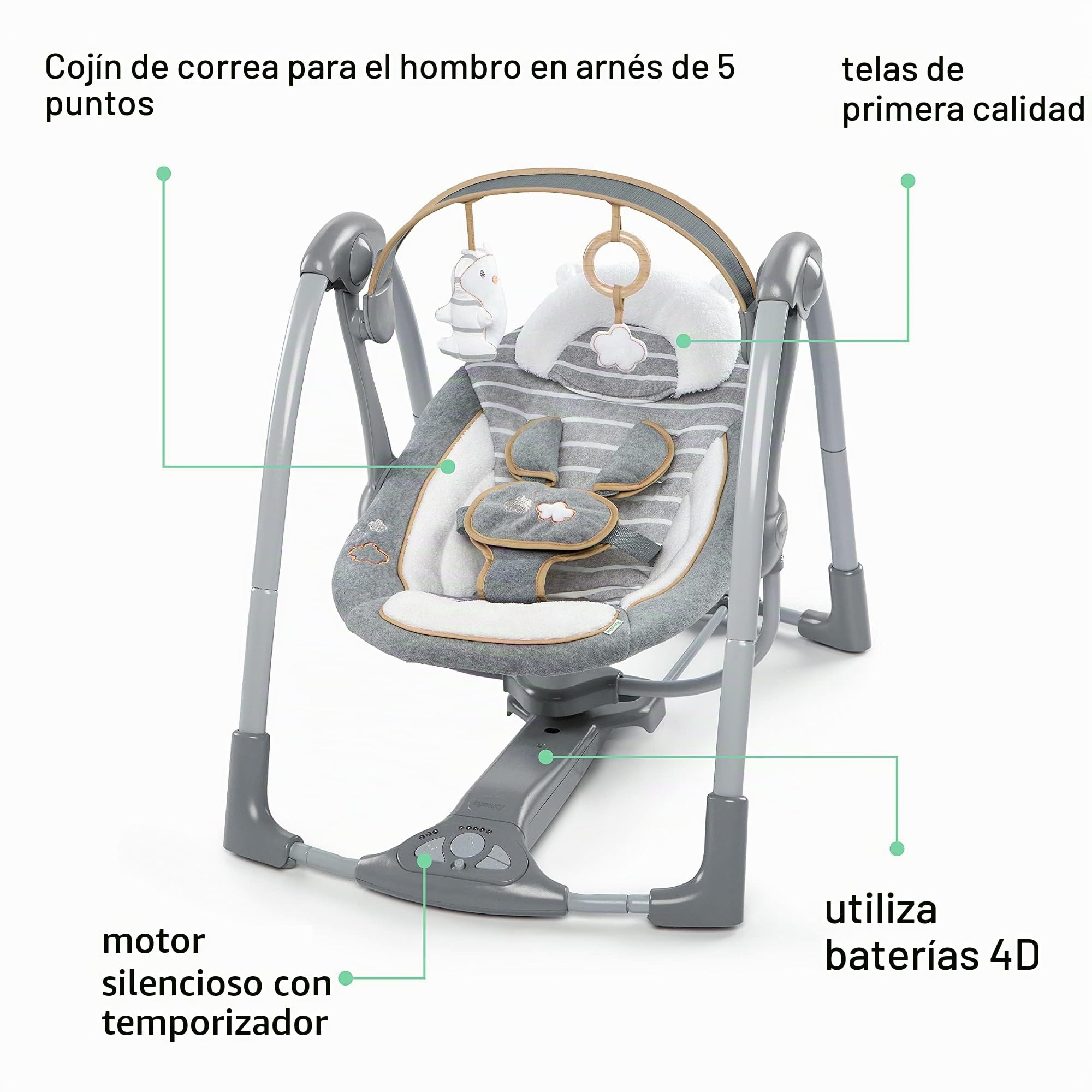 Ingenuity Swing 'n Go Deluxe Columpio de 5 Velocidades con Arnés Acolchado - Plegable, Portátil, 2 Juguetes de Peluche y Sonidos, 0-9 Meses (Bella Teddy)