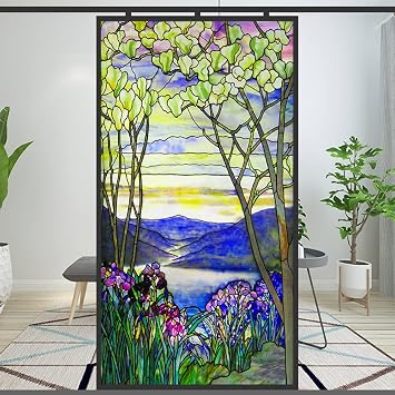 Privacy Windows Film European Church Style Stained Glass Static Cling Decorative Frosted Window Stickers Pattern 3,35"x78.74"89x200cm
