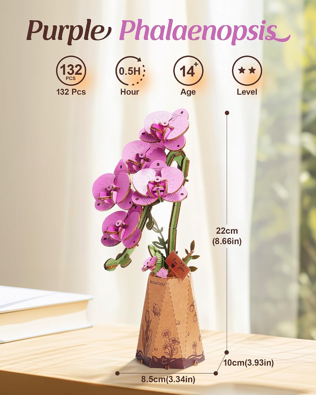 Dimensions and details of the rowood Purple Moth Orchid 3D Wooden Flower Puzzle