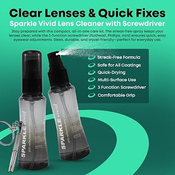 Sparkle Vivid Anti-Reflective Safe Lens Cleaner & Repair Kit (2) 2oz Glasses Cleaner Spray, (2) Microfiber Cloth & Keychain Screwdriver for Eyeglasses, Sunglasses, Lenses & Screens (5 Piece Set)