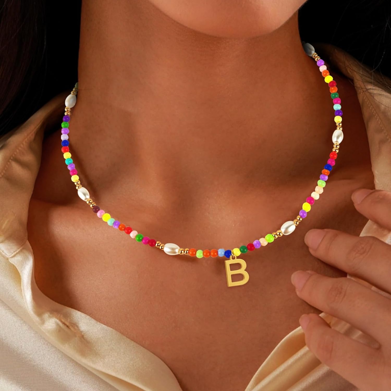 Beaded Initial Necklaces with Pearl - Trendy Gold Plated Choker Necklace for Girls Women Teen Preteen, Personalized Letter Jewelry Holiday/Birthday Gifts for Kids - Image 3