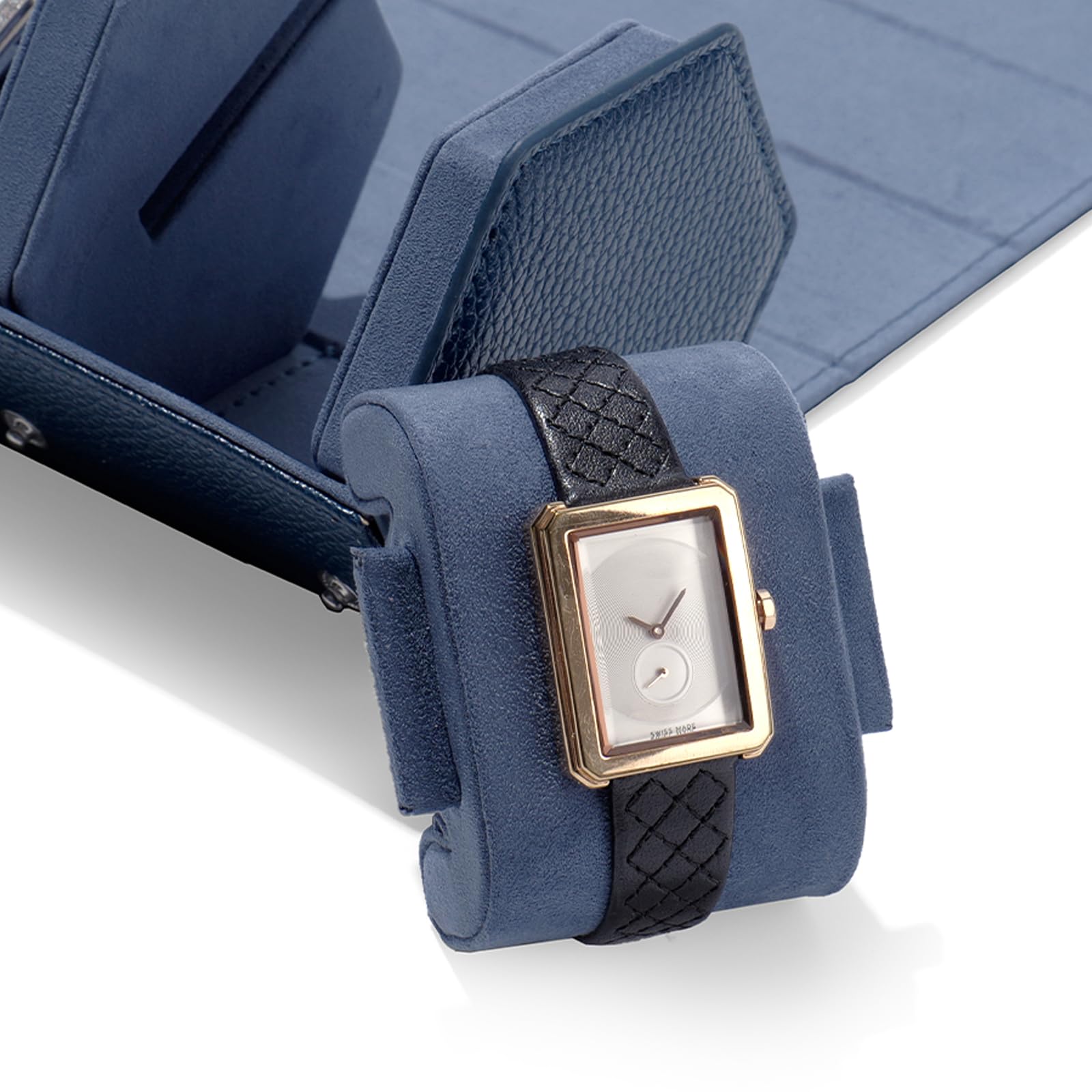 Rouleau À Montres En Cuir Véritable À 2 Rouleaux (Bleu) | En cuir véritable, doux et résistant, pour 2 montres en rouleau, bien fini, protège des rayures et de la poussière