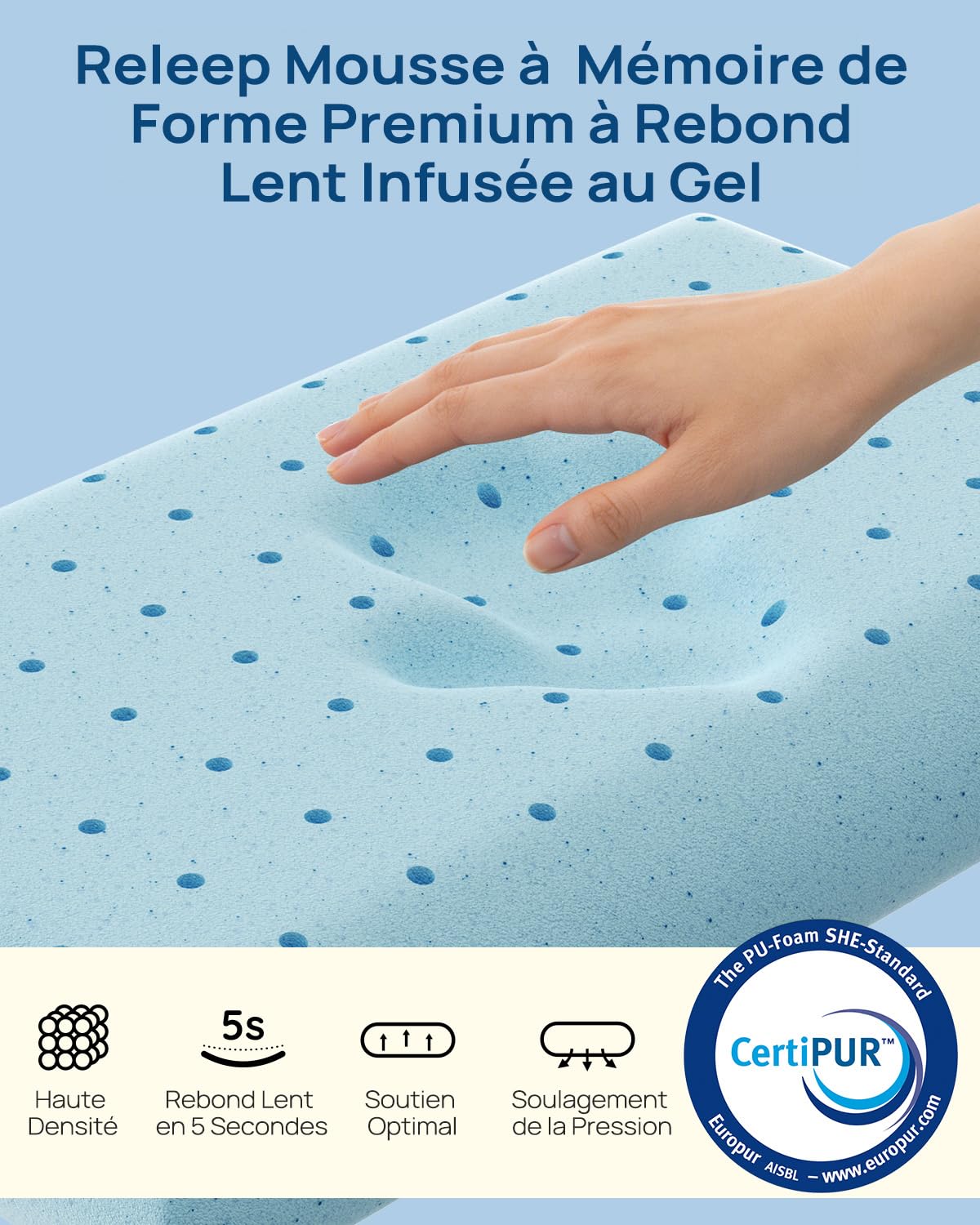 Releep Oreillers en Mousse à Mémoire, Oreiller Ergonomique Gel pour Dormeurs sur Le Côté et Le Dos, Certifié Oeko-tex & CertiPUR-US, Taille Standard, 12 cm de Hauteur