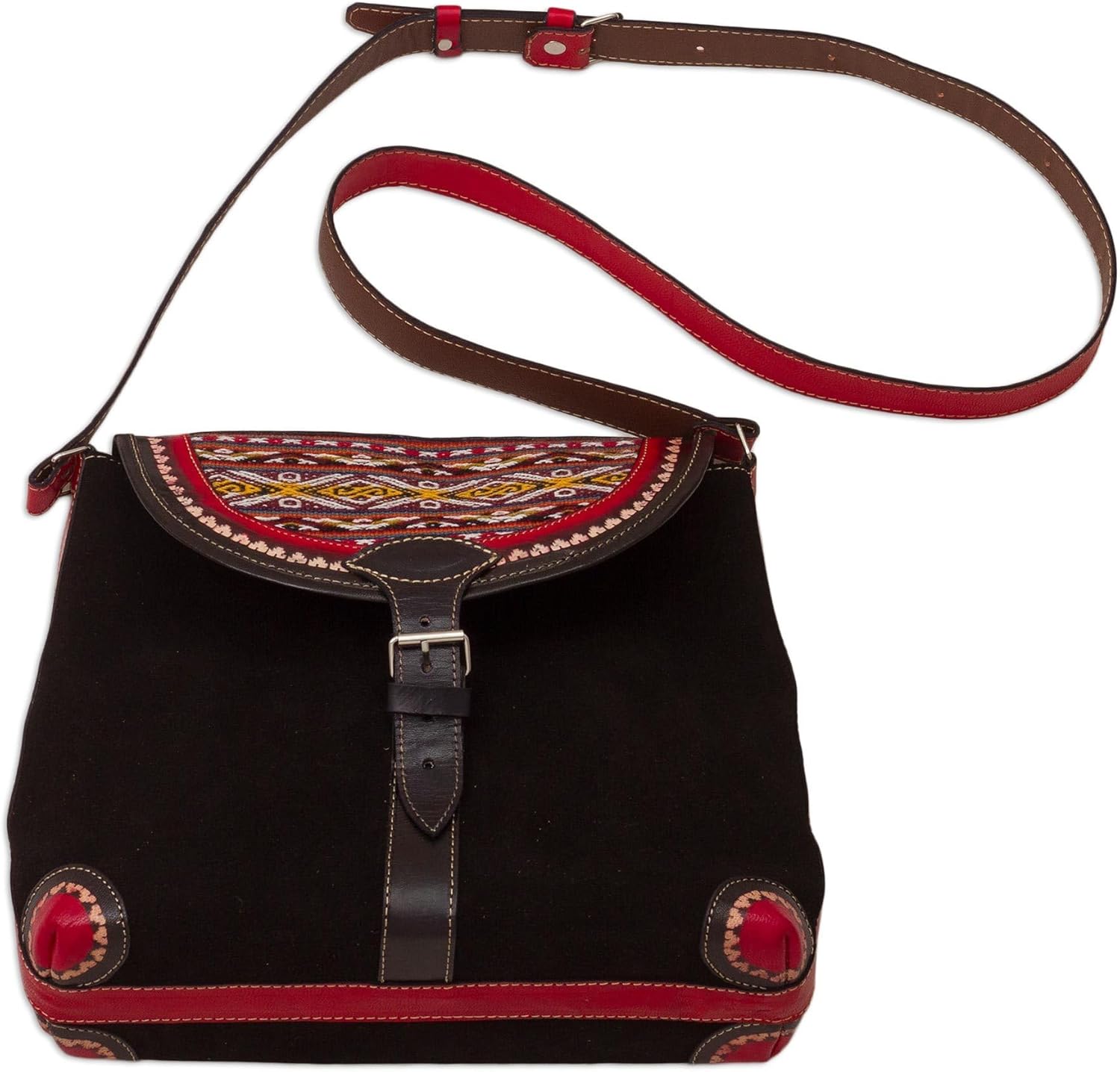 NOVICA Artisan Handmade Woolaccented Suede Leather Shoulder Bag Black Red Handbags Slings Peru Woven Cultural ' Sacred Valley'