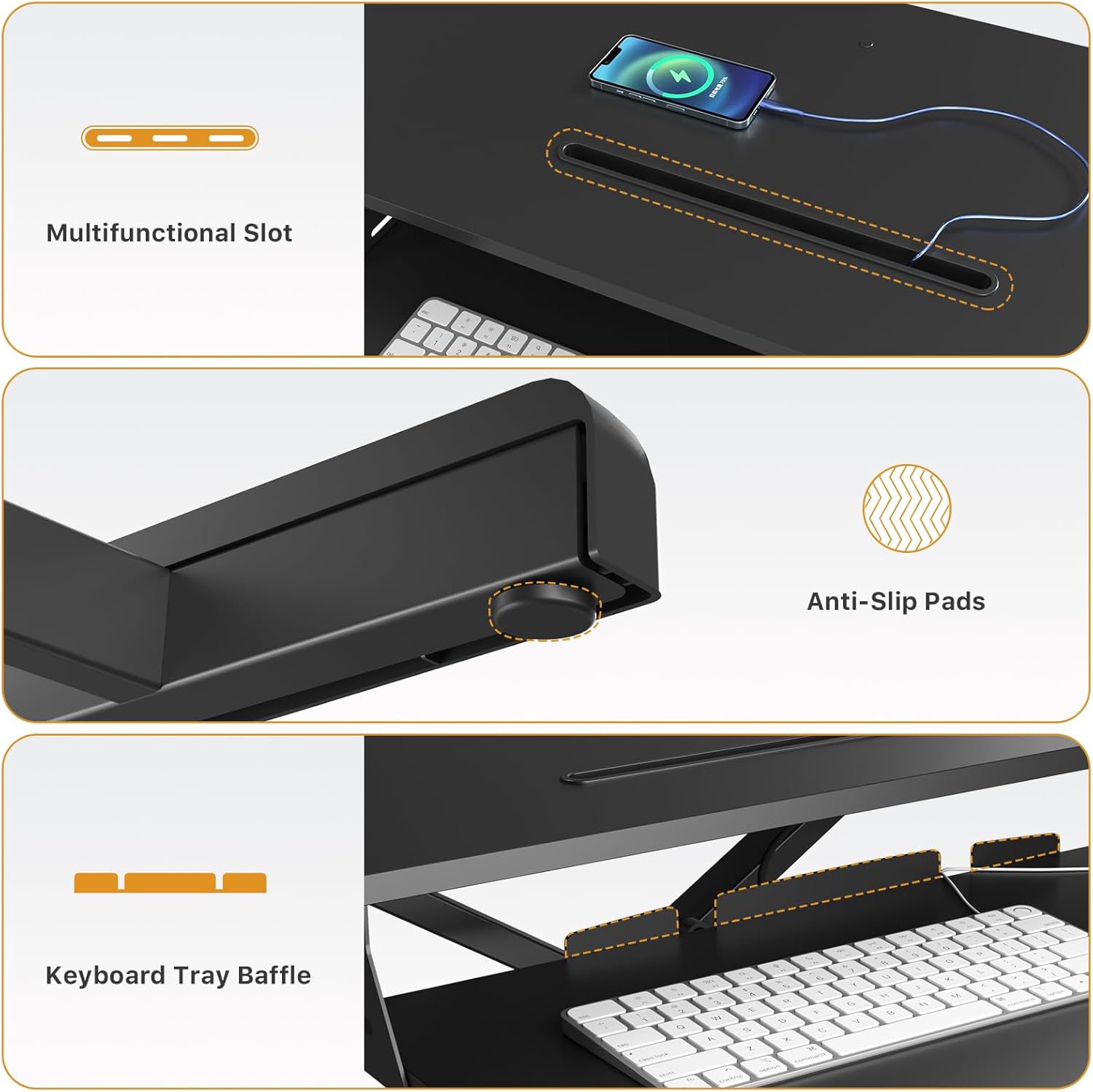 Image showing the multifunctional slot, anti-slip pads, and keyboard tray baffle features of the desk converter.