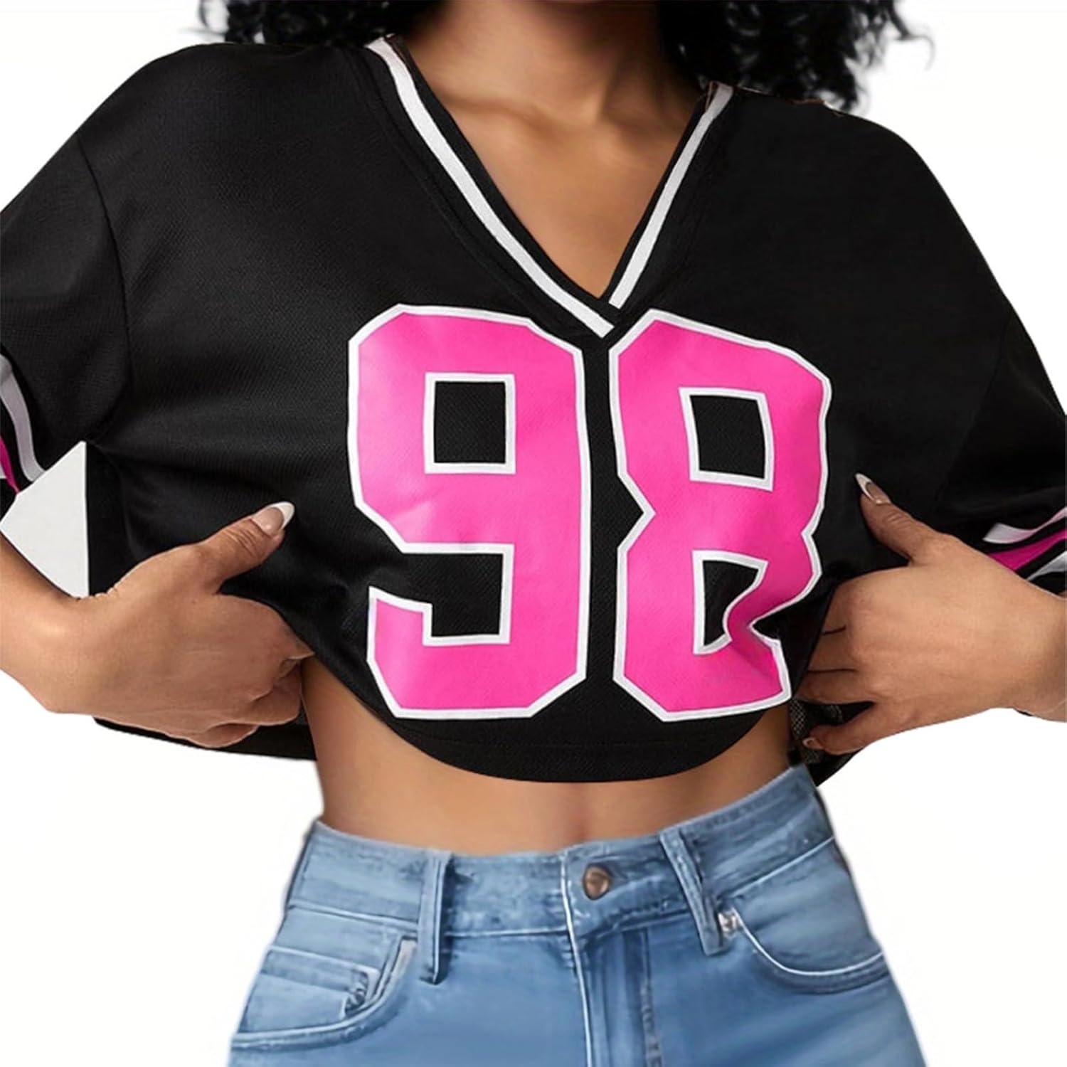 Women's Jersey Shirt Oversized Hip Hop Number Graphic Tee V-Neck Short Sleeve Loose Casual Crop Top Y2k Streetwear - Image 3