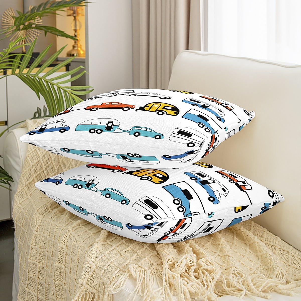 Set of 2 Camper Throw Pillow covers 22x22, Happy Camping Pillow covers for Kids Boys Girls, Camping Trailer Travel Pattern Cushion covers, Cartoon Car Rv Decorative Accent Pillow cases, Blue Yellow