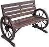 Outsunny 41 Wooden Wagon Wheel Bench, Rustic Outdoor Patio Bench Weather Resistance Furniture, 2-Person Slatted Seat with Backrest, Carbonized