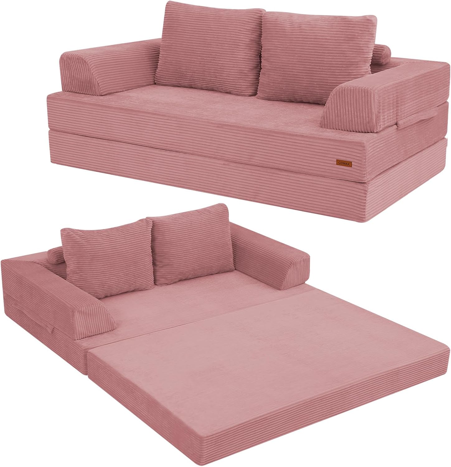 COMAX Futon Sofa Bed, Convertible Folding Sofa Bed, Boneless Couch Loveseat Corduroy with Pillows, Small Foldable Floor Couch Comfy Lounge Sleeper for Living Room Bedroom, Pink