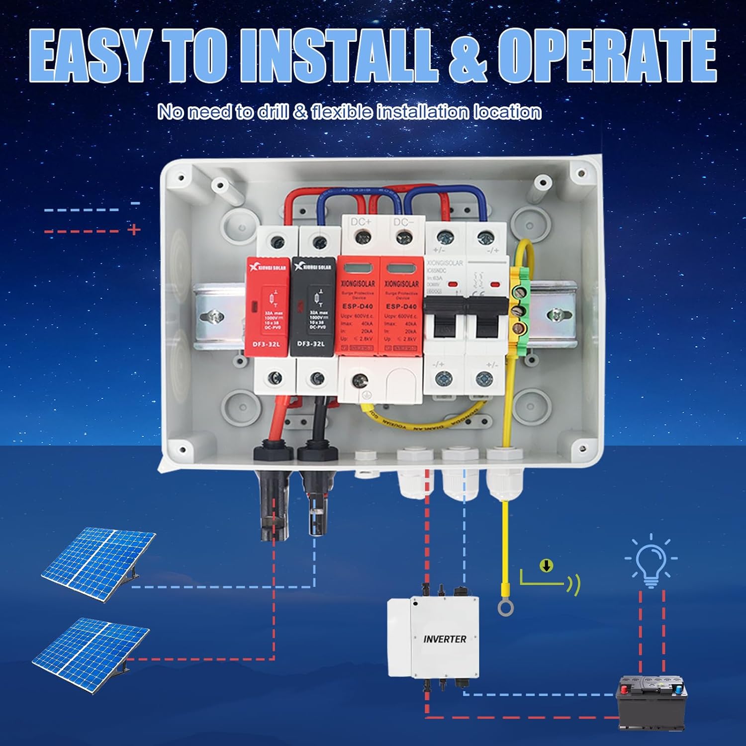 Solar Combiner Box 600V 1 inputs and 1 Output 15A Rated Current Fuse 63A DC Circuit Breaker & SPD, 15A Fuse, for PV Array System, Plug and Play Outdoor Solar Junction Box for Home and Commercial Use