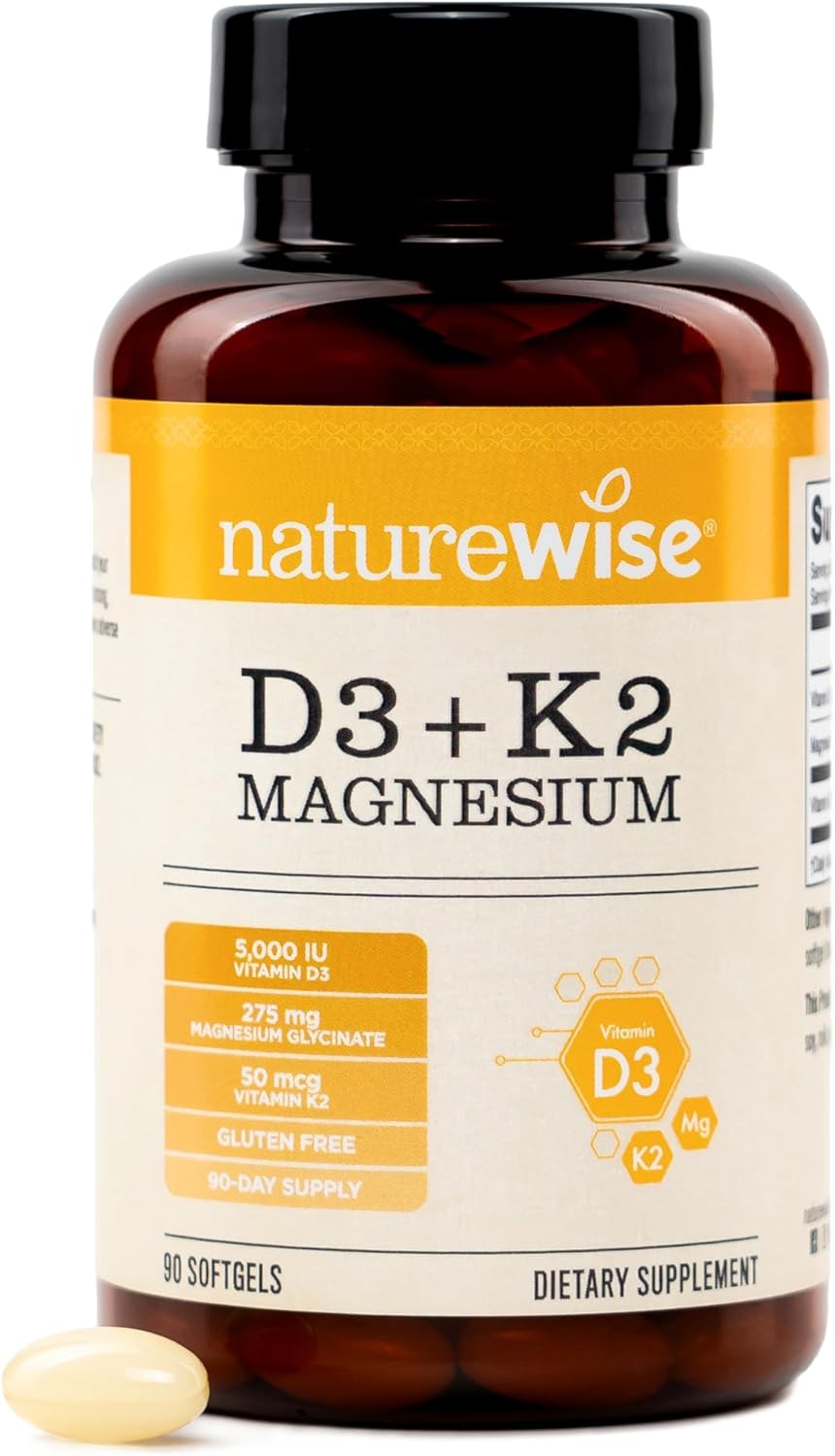 NatureWise Vitamin D3 K2 Magnesium Glycinate 275mg - Extra Strength Vitamin D3 5000IU + K2 50mcg - High Absorption Chelated Magnesium - Bone Support - Non-GMO, USA Manufactured - [90 Day Supply]