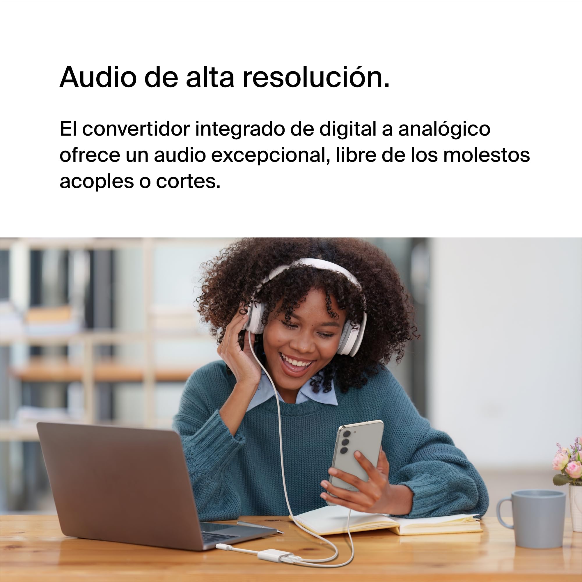 Belkin adaptador USB C RockStar de audio + carga USB-C, convertidor para cascos con carga rápida USB-C Power Delivery de 60 W, iPhone 16, iPad Pro, Galaxy, Note, Google Pixel, LG, Sony y otros, blanco