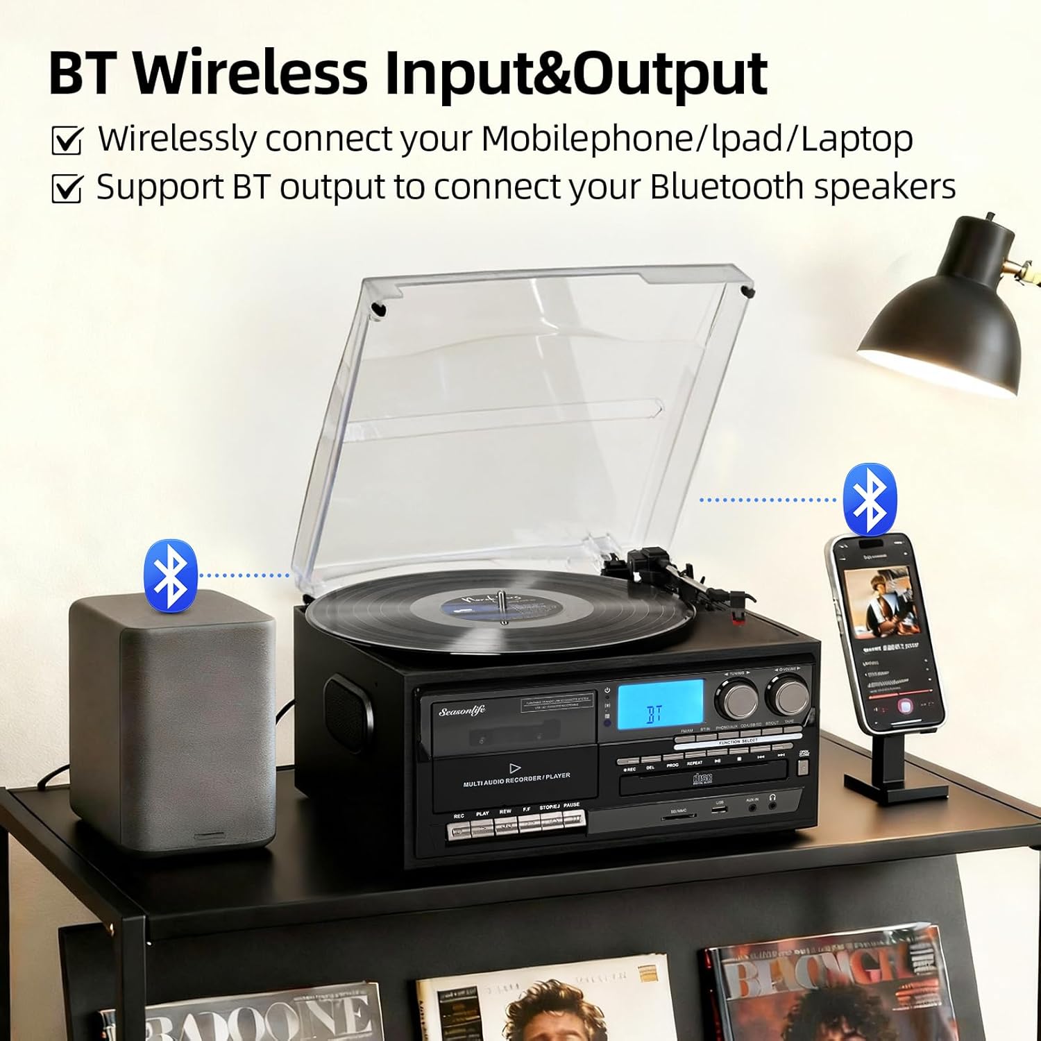 Record Player Built-in Speakers 10 in 1 Turntable with CD Cassette Tape AM FM Radio Function 3 Speed BT Input Output LP Player Support USB SD AUX RCA Playback Remote Control Auto Stop Retro Wood Black