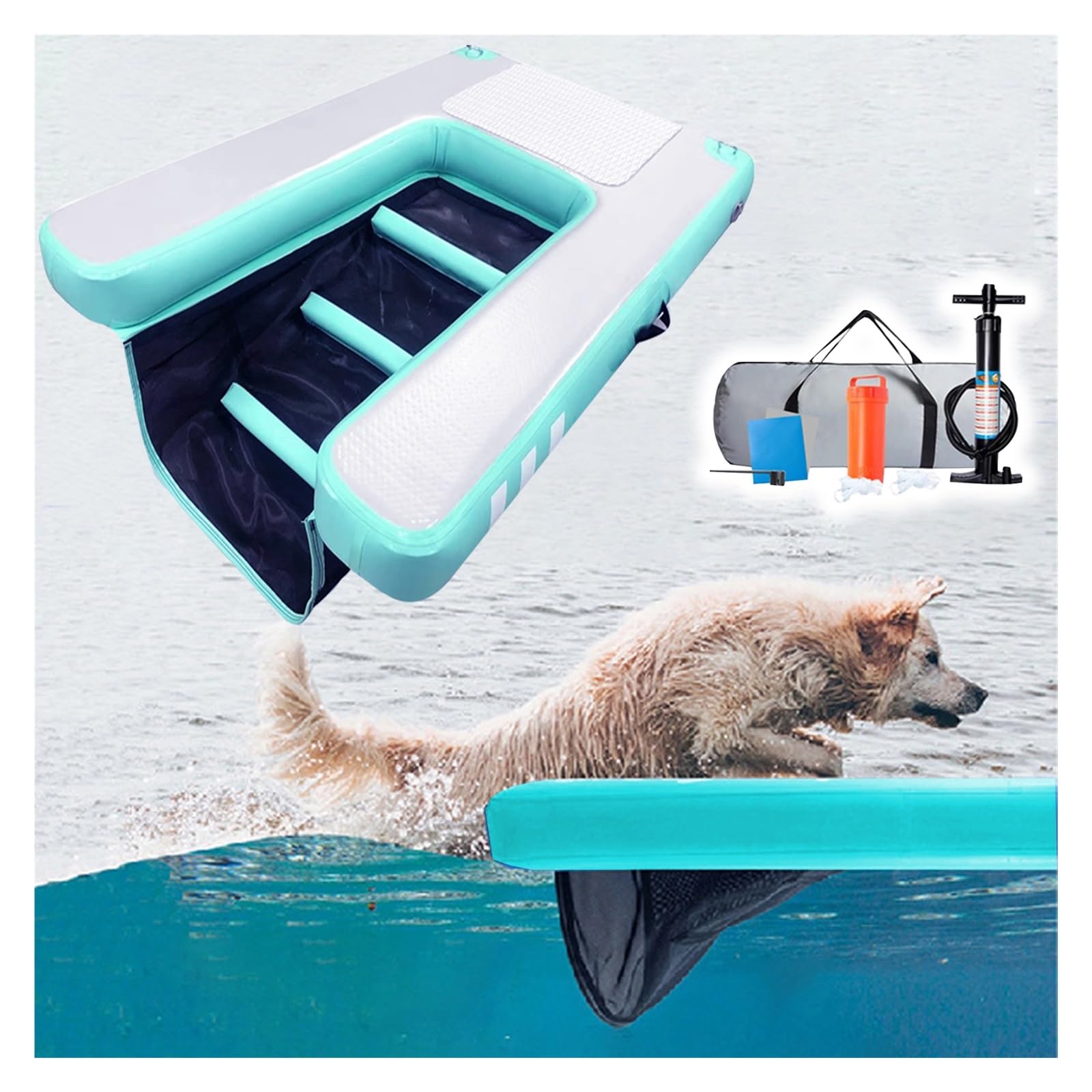 Dog Water Ramp for Boat Inflatable, Portable Dog Pool Water Flotation Device for Dogs Up to 132 Lbs, Dog Raft Water Floating Ramp with Pump/Rope/Repair Kit(Green,59