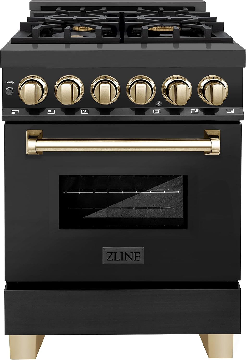 ZLINE Autograph Edition 24 in. 2.8 cu. ft. Legacy Dual Fuel Range with 4 Burner Gas Cooktop and Electric Convection Oven in Black Stainless Steel and Polished Gold Accents (RABZ-24-G)