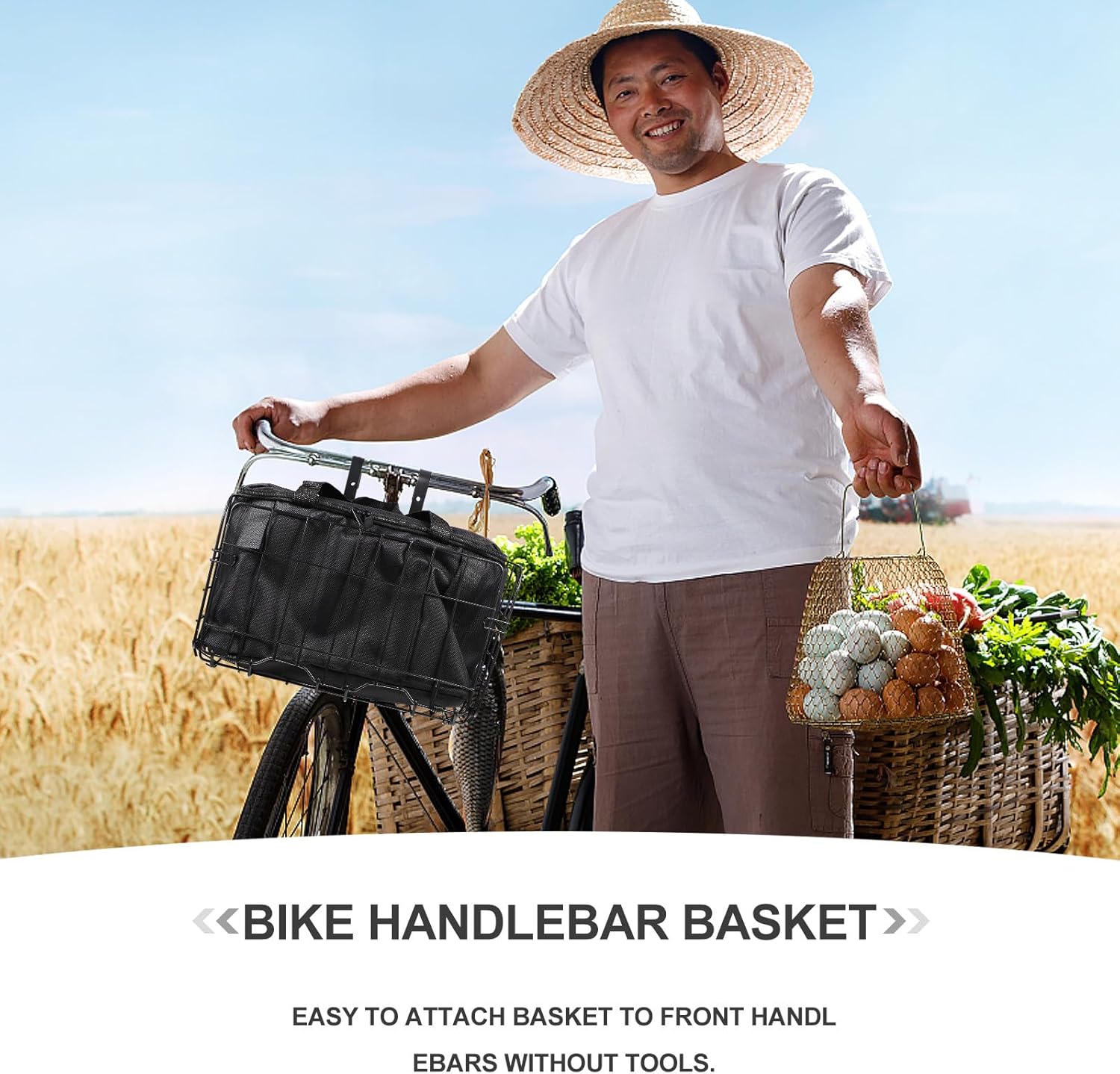 Operitacx Mountain Bike Front and Rear Basket Set Folding Detachable Black Bike Basket with Tote Bag for Outdoor Cycling Storage and Cargo Carrying