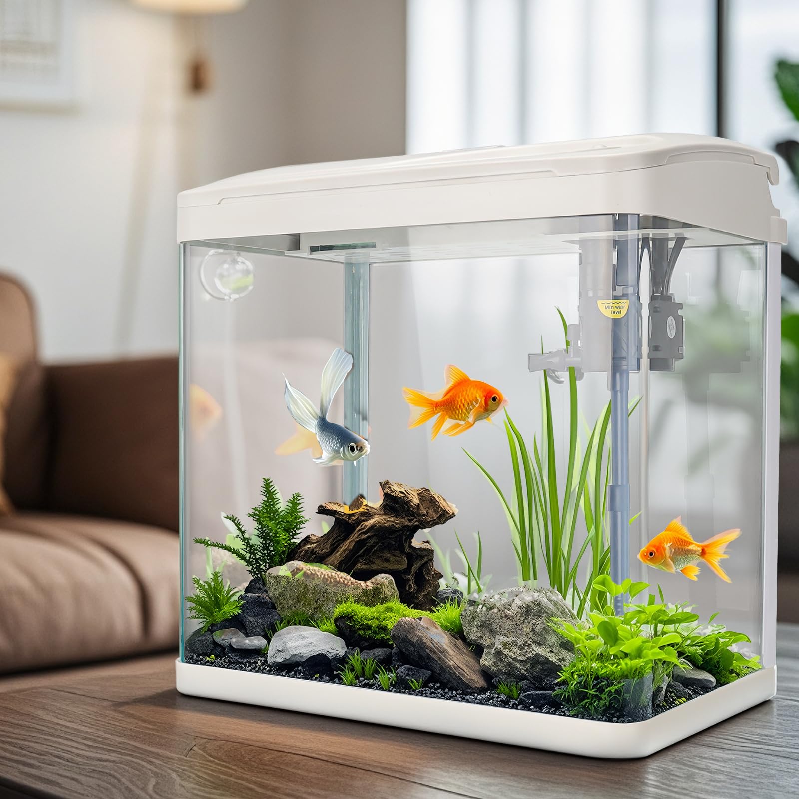 Acquario in vetro trasparente da 17 l, con illuminazione a LED, sistema di filtraggio per acquario con pompa bianca per pesci tropicali