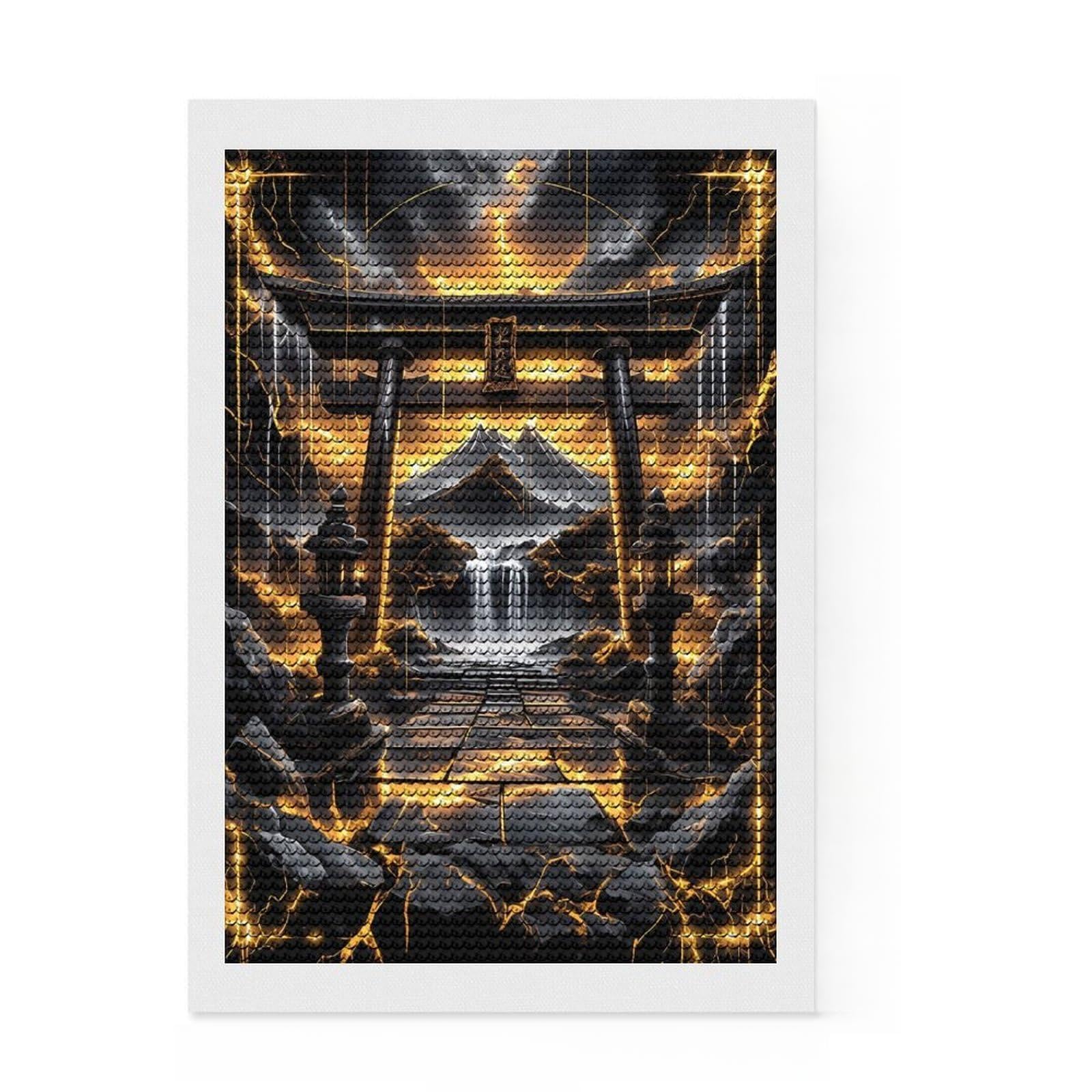 Junmoney Golden Kintsugi Torii Gate Diamond Art Canvas 8"x12", with Tool Kit, Office Decor, for Craft Lovers, Festive Craft Gift, Printed Canvas