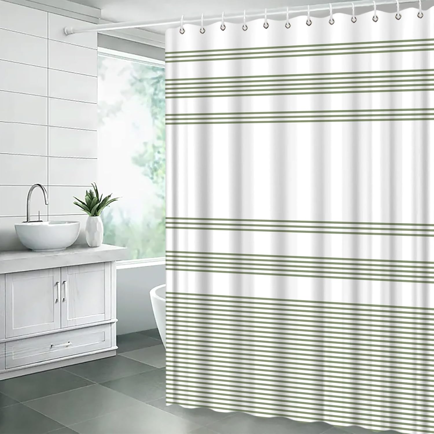 Sage Green White Shower Curtain Striped Modern Minimalist Bathroom Decor Curtain with Hooks,70" WX78 H
