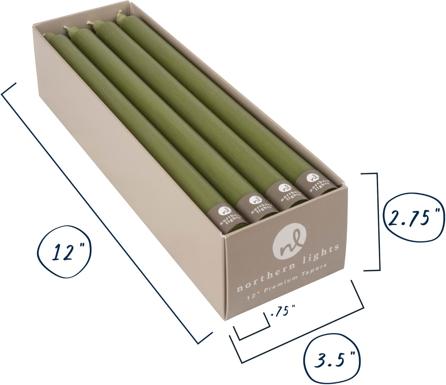 Northern Lights Candles - 12" 12pk Tapers - Moss Green - 72792