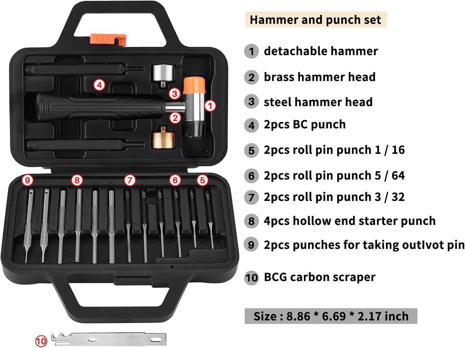 Pridefend Punch Set,Roll Pin Punch Set,Roll Pin Starter Punch, BC Punch, BCG Cleaning Scraper, Replaceable Hammer Heads in High Durability,18-Pieces Hammer and Pin Punch Set with Bench Block